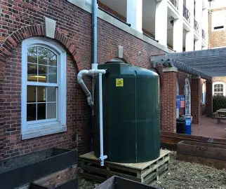 Rainwater harvesting tank installed on a community building